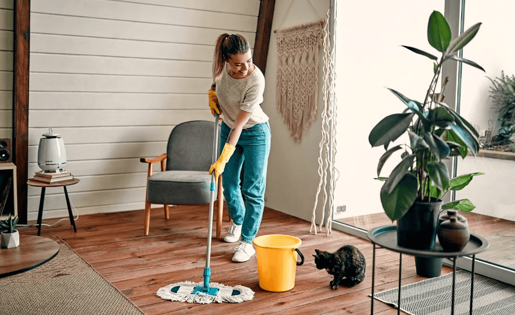 Cleaner mopping hardwood floors in a bright modern living room